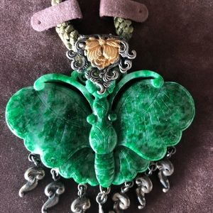 Carved green jade butterfly necklace